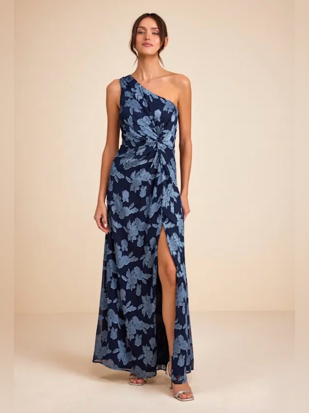 NWT Lulu's One-Shoulder Navy Blue Floral Jacquard Maxi with Side Knot & Slit